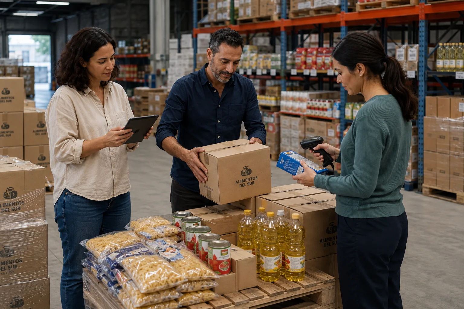 Un equipo verifica y prepara cajas de alimentos envasados para su despacho en una distribuidora.