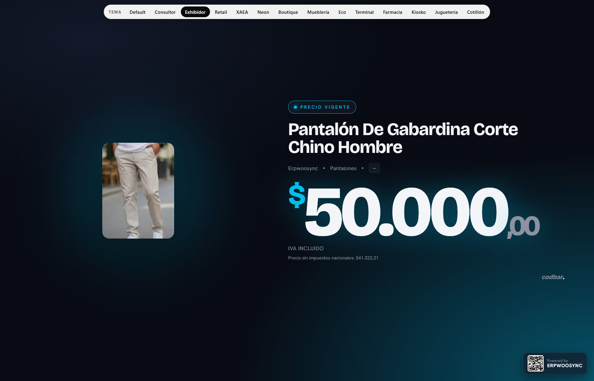 Codbar Info mostrando un producto, su imagen y su precio vigente en modo exhibidor